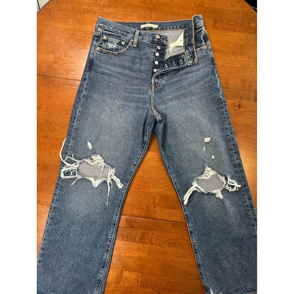 Levi's Ribcage Straight Ankle Jeans Womens 31 Blue Distressed High Rise Denim